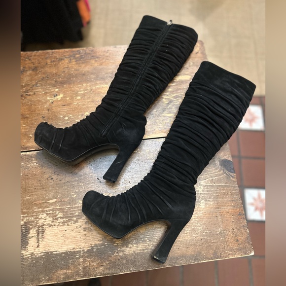 YSL Palais black ruched sued knee high platform heel boot *size 7 - Picture 7 of 11